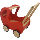 Houten Poppenwagen klassiek met kap - Rood met dekje